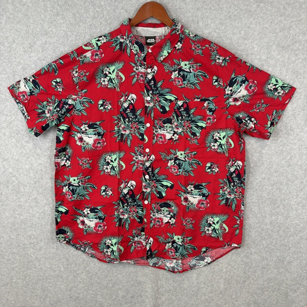 Star Wars Shirt Men X-Large Red Hawaiian Grogu Yoda Mandalorian Aloha Disney